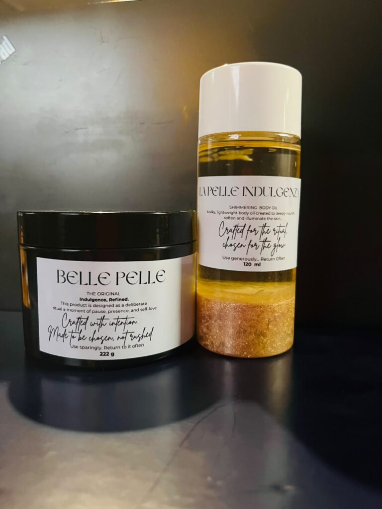 The Indulgenza Body Ritual combo, Belle Pelle body butter and La Pelle Indulgenza body oil together
